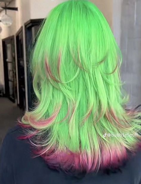 Green And Pink Hair Aesthetic, Pink Green Hair, Pink And Green Hair, Lime Green Hair, Watermelon Hair, Neon Green Hair, Pink Tips, Pink Hair Dye, Hair Colours