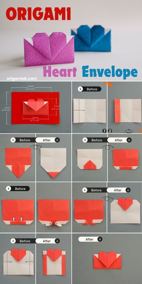 An easy and cute origami envelope with a lovely heart shape, very easy to make and only takes a few minutes, very suitable for origami enthusiasts of all ages. This heart envelope has a charming heart design, making it perfect for special letters for your loved one. Whether it’s for Valentine’s Day or any other special day, send a message to friends and family, this heart envelope will make your message even more special and heartfelt. Origami Heart Note, Heart Letter Origami, Origami Love Letter, Love Letter Origami, How To Fold An Envelope Out Of Paper, Origami Letter Folding, Folding Letters, Origami Heart Envelope, Origami Heart Tutorial