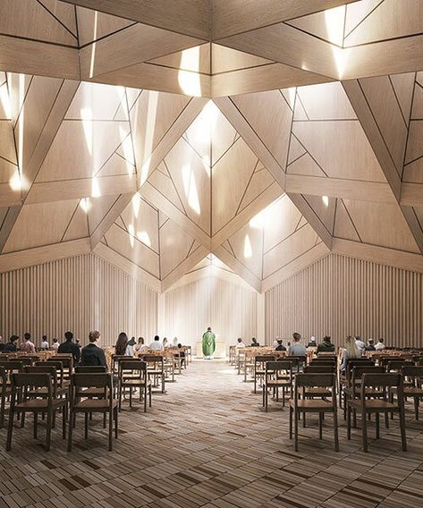 Sustainable Architecture Concept, Wooden Church, Henning Larsen, Wooden Facade, Wooden Buildings, Architecture Concept Drawings, Brick Flooring, Principles Of Design, Church Design