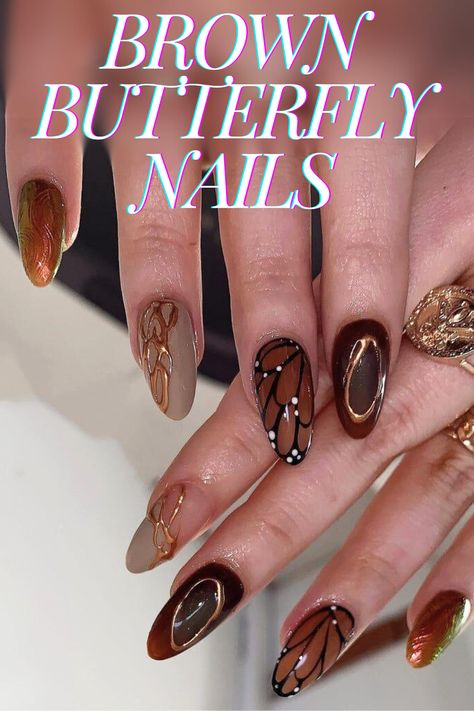 "Obsessed with brown and gold nails? These stunning nails feature gorgeous butterfly print detailing, adding a unique and whimsical touch to a classic color combo. Perfect for fall or any season, this nail design is an elegant yet playful statement. Have you tried butterfly nails yet? Let me know your fave look!" Butterfly Fall Nails, Brown Butterfly Nails, Brown And Gold Nails Designs, Gold Butterfly Nails, Monarch Butterfly Nails, Brown And Gold Nails, Bday Nails, Stunning Nails, Gold Nail Designs