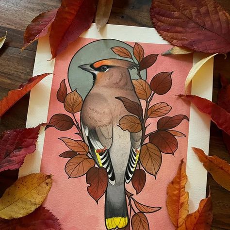 Waxwing Tattoo, Neo Traditional Painting, Neo Trad Nature Tattoo, Neo Traditional Tattoo Art, Neo Traditional Robin Tattoo, Gouache Animals, Neo Trad Fox Tattoo, Neotraditional Bird Tattoo, Neotraditional Autumn Tattoo