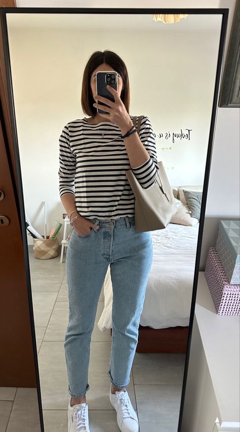 Levi’s 501 crop tango surge, Cos  striped tshirt , white sneakers Levis 501 Cropped Outfit, 501 Cropped Jeans Outfit, Striped Tshirt Outfits, Levis 501 Outfit, 501 Outfit, Levis 501 Crop, Cropped Jeans Outfit, Cropped Outfits, Striped Tshirt