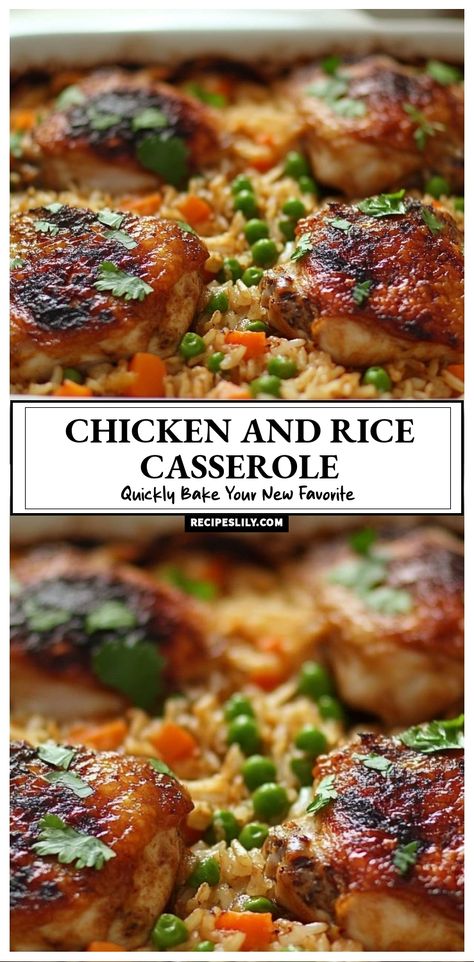 This Chicken and Rice Casserole is my go-to comfort meal! With juicy chicken thighs baked to perfection, the flavors blend beautifully with the rice and veggies. It's quick to prepare and perfect for busy weeknights or a cozy family dinner. Trust me, this dish will quickly become your new favorite! Chicken Rice Veggies Dinners, Chicken Thighs Rice, Chicken And Rice Casserole Recipe, Baked Chicken And Rice, Chicken Thighs Baked, Rice Diet, Rice And Veggies, Juicy Chicken Thighs, Chicken And Rice Casserole