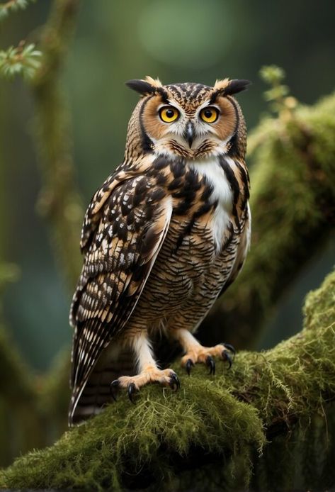 A majestic owl with striking yellow eyes and detailed brown feathers perches on a mossy branch in a dense forest. High Quality Animal Photography, Animal Refrence Pictures, Animal Photography Aesthetic, Animals Wild Amazing Photos, Beautiful Owl Photography, Field Sketching, Painting Owls, Owl Pics, Bizarre Animals