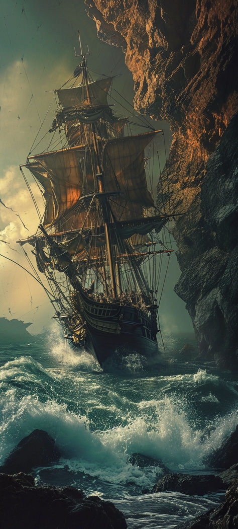 Fantasy Pirate Ship Art, Pirates Aesthetic Wallpaper, Pirate Town Aesthetic, Ship Wallpaper Sea, Pirate Wallpaper Aesthetic, Sailor Aesthetic Sea, Sail Punk, Pirate Ship Concept Art, Pirate Ship Aesthetic