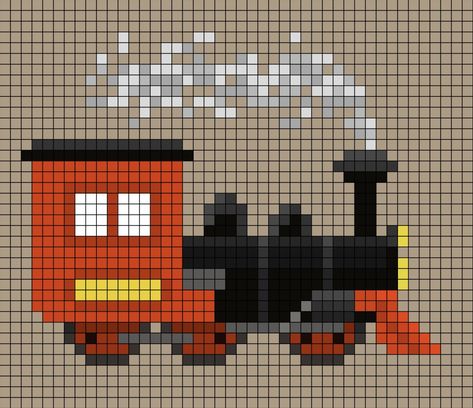 A pixel art template of a red, gold and black steam train in motion (steam coming out the top). Train Perler Bead Pattern, Crochet Train Pattern Free, Train Pixel Art, Pixel Train, Cross Stitch Train, Crochet Train, Train Cross Stitch Pattern, Train Craft, Harry Potter Cross Stitch Pattern