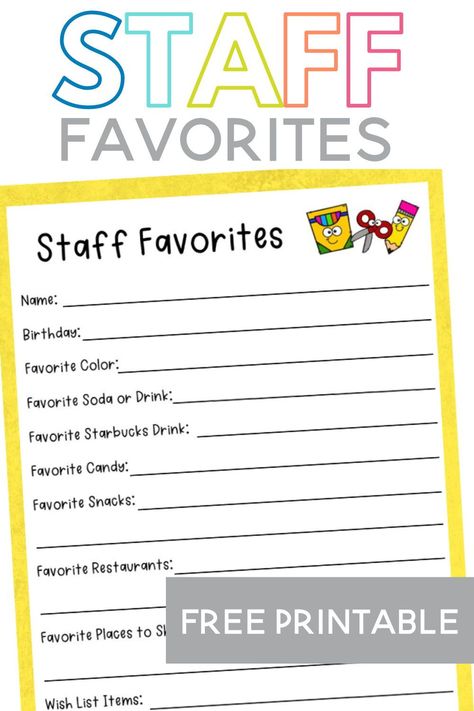 Staff Information Sheet, Staff Favorites Sheet, Favorite Things List For Teachers, Staff Favorites Questionnaire, Favorite Things Teacher Printable, Staff Likes Survey, Teacher Favorites List, Staff Questionnaire Favorite Things, Teacher Information Sheet For Gifts