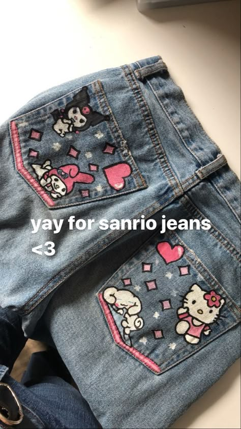 Painted Clothes Diy, Kitty Clothes, Hello Kitty Clothes, Hello Kitty Aesthetic, Painted Jeans, Hello Kitty Pictures, The Jeans, Hello Kitty Items, Painted Clothes