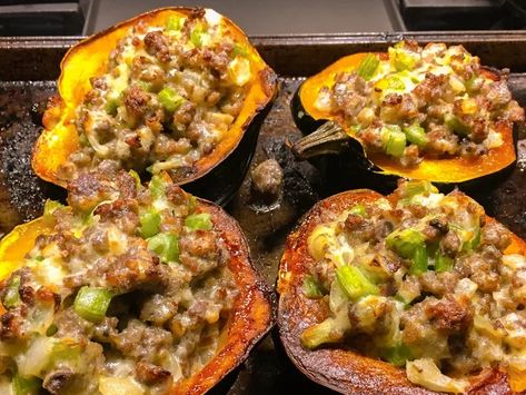 Sausage-Stuffed Acorn Squash Recipe Sausage Stuffed Squash, Acorn Squash Recipes Healthy, Sausage Stuffed Acorn Squash, Stuffed Squash, Stuffed Acorn Squash, Acorn Squash Recipes, Fall Comfort Food, Squash Recipe, Acorn Squash