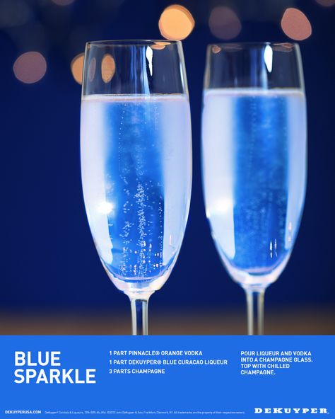 Will you be mine on New Years Eve? Add a little Blue Sparkle to your Champagne with 1 part Orange Vodka and 1 part DeKuyper Blue Curacao Liqueur. Blue Prosecco Cocktails, Blue Mimosa Recipe, Blue Champagne Cocktails, Blue Christmas Drinks Holiday Cocktails, Blue Curacao Christmas Drinks, Simple Blue Cocktails, Blue Mimosa, Mocktails Blue Curacao, Curacao Drink