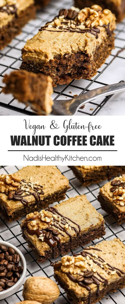 California Walnut Coffee Cake Bars #glutenfree #vegan #dairyfree #healthy #dessert #uk #british #recipe #treat #freefrom #allergy #healthydesserts #veganglutenfree #glutenfreevegan #christmas #veganchristmas #glutenfreechristmas #healthychristmas #vegancake #vegancoffeecake #glutenfreecake #walnuts #walnut #veganfrosting #oatflour #groundwalnuts #groundalmonds #coffee Coffee Cake Bars, Walnut Coffee Cake, Bars Healthy, Coffee Treats, Vegan Cake Recipes, Cake Vegan, Cake Bars, Dinner Healthy, Healthy Cake