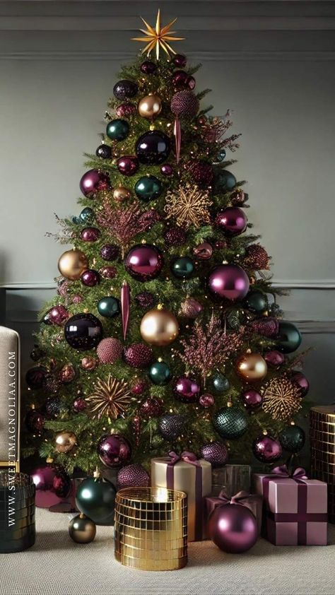 50+ Christmas Tree Ideas to Make Your Holidays Sparkle | Merry Christmas Wallpaper - Sweet Magnoliaa Giant Christmas Tree Ornaments, Fairy Forest Christmas Tree, Wicked Inspired Christmas Tree, Purple Green Christmas Tree, Chartreuse Christmas Tree, Purple Silver Christmas Tree, Purple Decorated Christmas Tree, Punk Christmas Tree, Celebrity Christmas Trees