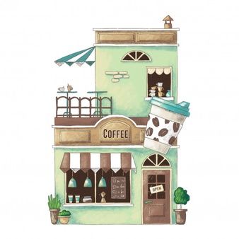 Cute Cartoon Illustration, Shop Vector, Watercolor House Painting, الفن الرقمي, Istoria Artei, Building Drawing, Seni 2d, Watercolor Architecture, Building Illustration