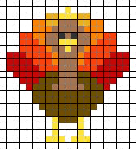 Perler Bead Turkey, Pixel Art Thanksgiving, Turkey Pixel Art, Turkey Cross Stitch Pattern, Cross Stitch Thanksgiving, Turkey Perler Bead Patterns, Thanksgiving Cross Stitch Patterns Free, Fall Grid Pattern, Alpha Cross Stitch Patterns