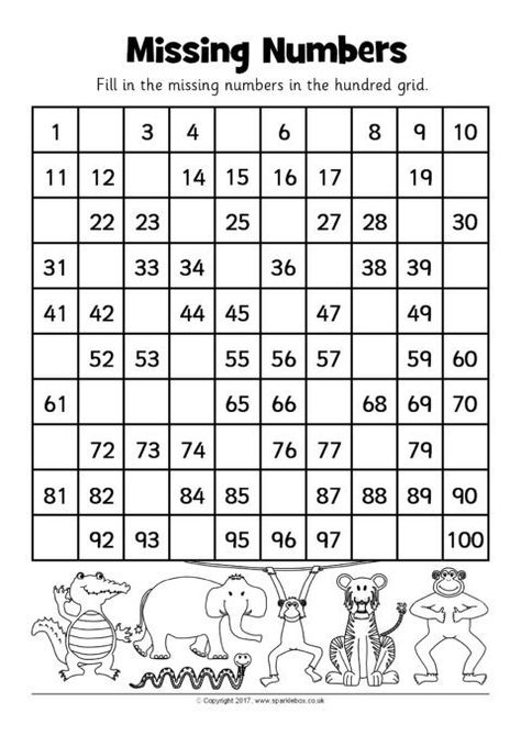 Hundred Grid Missing Number Worksheets (SB12242) - SparkleBox Missing Numbers Kindergarten, Hundreds Chart Printable, Missing Number Worksheets, Number Grid, Number Worksheets Kindergarten, Mental Maths Worksheets, Number Worksheet, Worksheet Kindergarten, Kindergarten Reading Activities