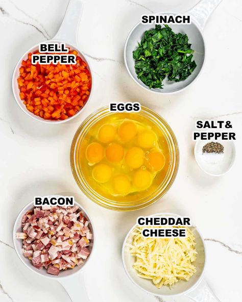 Start your day right with these incredibly easy Egg Muffins, made with bacon, bell peppers, spinach and lots of cheese. They're great for make-ahead and are super versatile plus they can be made with any ingredients. They’re the perfect grab-and-go meal. #eggmuffins #breakfast Spinach And Bell Pepper Egg Bites, Egg Muffins Breakfast Healthy Protein, Egg Muffins Breakfast Healthy, Easy Egg Muffins, Bacon Egg Muffins, New Meal Ideas, Bacon Muffins, Healthy Meals Recipes, Egg Bites Recipe