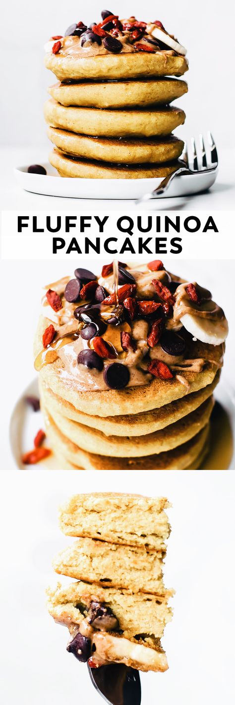 The best light fluffy quinoa pancakes! So easy—just 6 ingredients and made in the blender. If you've never tried quinoa flour, start with this breakfast! #vegan #breakfast #veganrecipe #glutenfree #healthy #recipe via @Natalie | Feasting on Fruit Quinoa Pancakes Vegan, Healthy Vegan Dessert, Quinoa Pancakes, Fluffy Quinoa, Quinoa Flour, Breakfast Vegan, Vegan Pancakes, Pancakes Healthy, Think Food