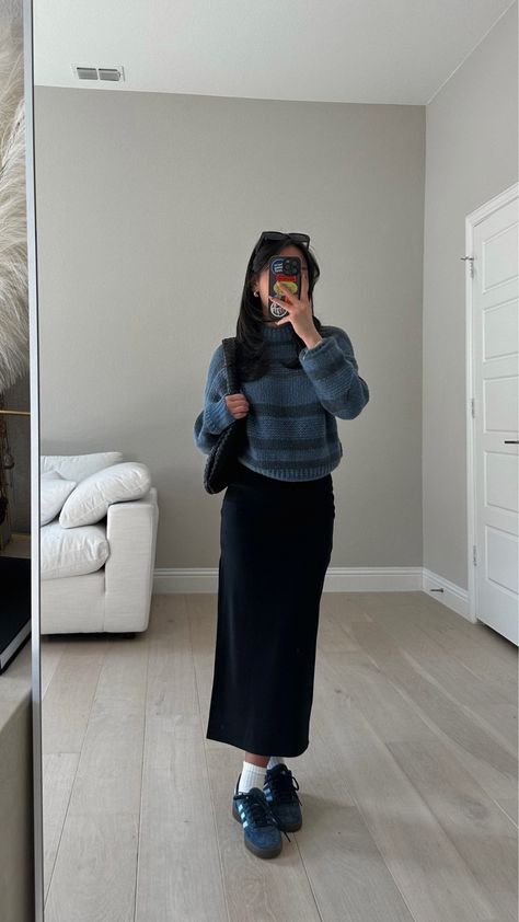 Adidas Samba Maxi Skirt, Maxi Skirt With Sweater Outfit, Navy Adidas Outfit, Navy Pullover Outfit, Spezial Navy Blue Outfit, Navy Blue Adidas Spezial Outfit, Navy Blue Midi Skirt Outfit, Navy Blue Maxi Skirt Outfit, Navy Blue Sambas Outfit