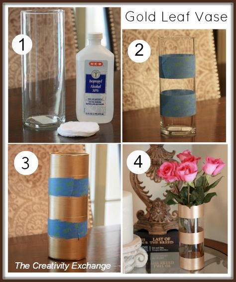 DIY Gold Leaf Vase {How to Paint on Glass} The Creativity Exchange Gold Leaf Vase, Diy Gold Leaf, Gold Dollar, Leaf Vase, Diy Gold, בר מצווה, Gold Diy, Dollar Store Crafts, Crafty Diy