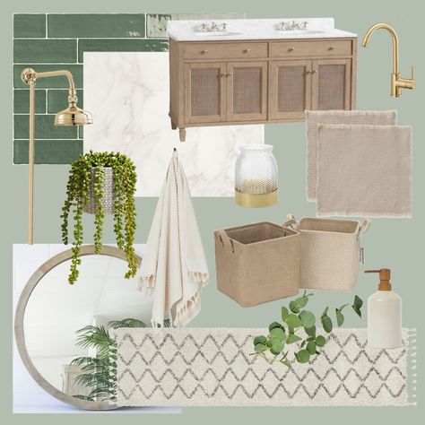 Wood And Green Bathroom Ideas, White Green Wood Bathroom, Light Green And Gold Bathroom, Pale Pink And Green Bathroom, Green Botanical Bathroom, Mint Bathroom Walls, Green And Tan Bathroom Decor, Green And Tan Bathroom Ideas, Master Bath Sage Green