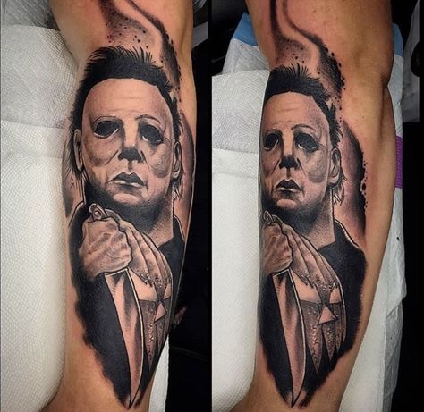 Michael Meyer Tattoo, Michael Myers Tattoo Halloween, Micheal Myers Tattoo Design, Michael Meyers Tattoos, Michael Myers Tattoo Design, Michael Myers Tattoo Ideas, Chucky Tattoos, Micheal Myers Tattoo, Ghost Face Tattoo