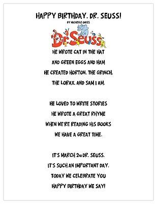 Use this poem as a jumping off point to create one for the opening section of Literacy Night: Happy Birthday Dr Seuss, Dr Seuss Coloring Pages, Dr Seuss Preschool, Happy Birthday Dr, Dr Seuss Activities, Dr Seuss Crafts, March Themes, Seuss Classroom, Seuss Crafts