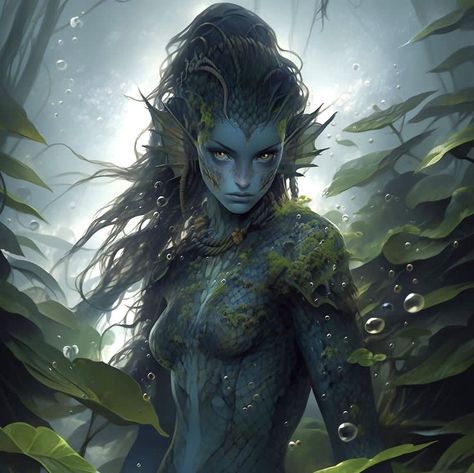 Sea Creature Oc Female, Seafolk Fantasy Art, Sea Elf Warlock, Sea Monster Fantasy Art, Water People Fantasy Art, Atlantian Character Design, Dnd Triton Character Design, Water Genasi Female Druid, Dnd Siren Character Art