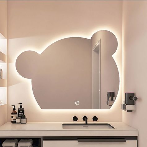 Bear shape led mirror, very cute shape for lively decorating styles💓 Mirror Models Design, Mirror Shapes Design For Bathroom, Different Mirror Shapes, Toilet Mirror Design, Mirror Shapes Design, Led Mirror Bedroom, Toilet Mirrors, Kids Room Mirror, Espejos Aesthetic