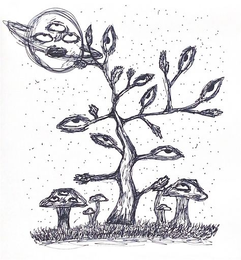 Saturn, mushrooms, eye tree, planets, astronomy, trippy, evil drawing, weird drawing, poster, odd drawings Funky Tree Drawing, Eye Tree Drawing, Weird Tree Drawings, Tree With Eyes Drawing, Weird Sketches Easy, Weird Eye Drawings, Weird Drawings Unique, Surreal Doodles, Tree Drawing Sketch