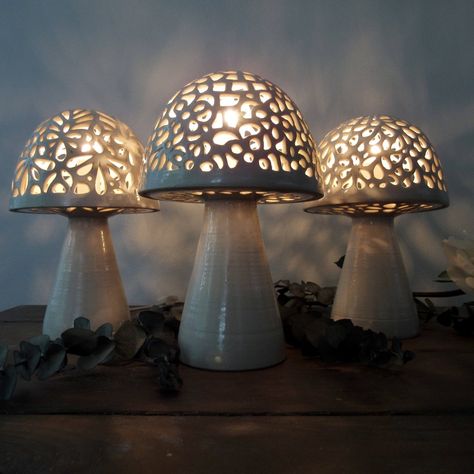 Wheel thrown and handcarved mushroom lamps. Mushroom Photo, Mushroom Lamps, Pottery Lighting, Pottery Angels, Ceramic Lantern, Pottery Lamp, Cerámica Ideas, Lampe Decoration, Wheel Thrown Pottery