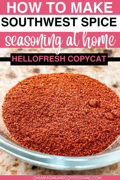 a photo of southwest spice blend in a glass jar with text that reads southwest spice blend recipe hellofresh copycat recipe Southwest Blend Spice, Southwest Spice Blend Hello Fresh, Southwest Seasoning Blend, Hello Fresh Southwest Spice Blend Recipe, Chip Seasoning Recipes, Low Sodium Seasoning Blends, Southwestern Seasoning Recipe, Hello Fresh Copycat Recipes, Southwest Spice Blend Recipe