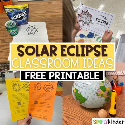 Solar Eclipse Ideas for the Classroom - Simply Kinder Solar Eclipse Ideas For Kindergarten, Solar Eclipse Food Activity, Solar Eclipse Food For Kids, Solar Eclipse School Activities, Solar Eclipse Experiments For Kids, Eclipse Classroom Ideas, Solar Eclipse First Grade, Solar Eclipse 2024 Printable Free, Solar Eclipse For Kids