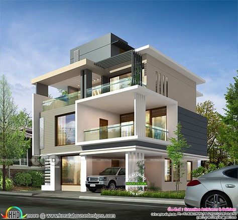 3719 square feet 3 storied ultra modern home Houses Canada, Perspective Rendering, 3 Story House, Sketch Perspective, Modern Bungalow Exterior, 3 Storey House Design, Narrow House Designs, Ultra Modern Homes, 2 Storey House Design