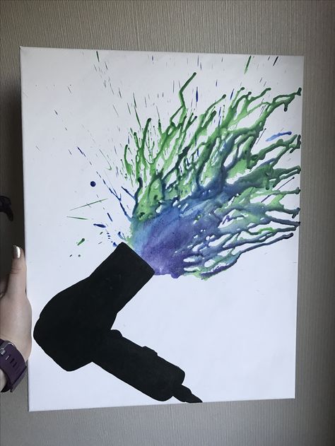 DIY Salon Art. Silhouette hair dryer black paint with crayon splatter. Diy Canvas Art Blow Dryer, Hair Dryer Painting, Acrylic Painting Blow Dryer, Black Hair Salon Art, Crayon Blow Dryer Art, Paint Pouring Blow Dryer, Pour Painting With Hair Dryer, Crayons Artwork, Color Wheel Art Projects