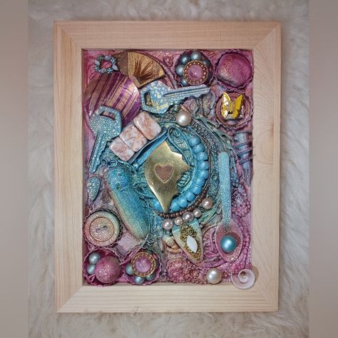 "Peaches & Dreams" One Of A Kind Creation Handmade Mixed Media Art 5x7 Canvas Board Adorned With All Sorts Of Trinkets And Treasures. Framed In Natural Wood Small Bracket Attached For Wall Hanging Brand New Measures Aprrox 6.5 Inches By 8.5 Inches With Frame #Popart #Mixed Media #Art #Trendy #Sparkle #Sunset #Girly Steampunk Mixed Media Art, Assemblage Art Mixed Media, Steampunk Mixed Media, Mixed Media Wall Art, Mixed Media Mosaic, 3d Collage, Roses Book, Object Art, Found Object Art