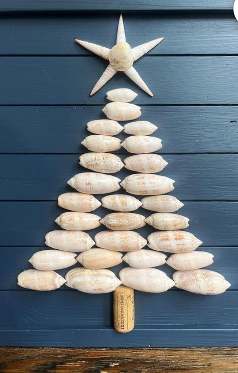 Olive Shell Art, Seashell Christmas Tree, Olive Shell, Sea Shell Art, Bleach Water, Seashell Christmas, Seashell Decor, Beach Christmas Ornaments, Christmas Plaques