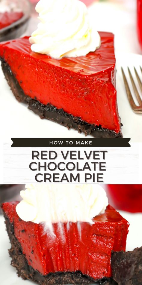 Dive into the classic flavor of red velvet with this homemade Red Velvet Chocolate Cream Pie! This pie has the tangy of red velvet, the silkiness of chocolate pie and a homemade chocolate cookie crust!