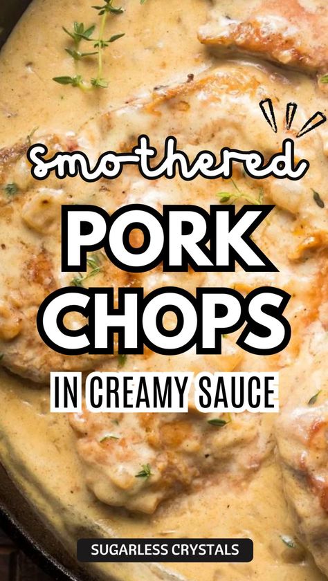 Experience the taste of the South with this mouth-watering smothered pork chop recipe! Pork chops, slow cooked in a creamy gravy, come out flavorful, juicy, and super tender. Perfect for a family dinner, these easy pork chop recipes are sure to be a hit with everyone around the table! Pork Chops And Gravy Skillet, Moist Pork Chop Recipes, Crockpot Pork Chop Recipes, Slow Cooked Pork Chops, Easy Smothered Pork Chops, Recipe Pork Chops, Creamy Pork Chops, Pork Chop Casserole Recipes, Best Pork Chops