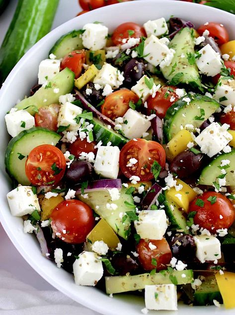 Keto Greek Salad and Dressing Crisp and colorful mix of fresh veggies tossed in a homemade vinaigrette dressing, makes this classic Greek Salad a quick and easy side that pairs well with any protein.#ketosalads #ketogreeksalad #lowcarbsalads Keto Greek Salad, Homemade Vinaigrette Dressing, Keto Greek, Classic Greek Salad, Salad And Dressing, Cucumber Tomato Avocado Salad, Traditional Greek Salad, Homemade Vinaigrette, Greek Vinaigrette