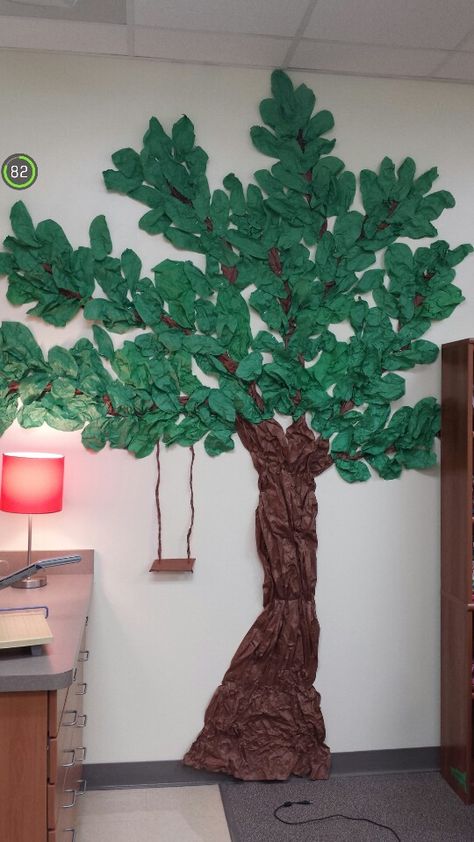 Made this textured tree with swing for a teacher's wall in her classroom.   So many options throughout the year. Paper Tree On Wall, Tree On Wall, Cat Trees Diy Easy, Paper Tree Classroom, Tree Classroom, Cardboard Decor, Classroom Tree, Family Tree For Kids, Tree Of Life Artwork