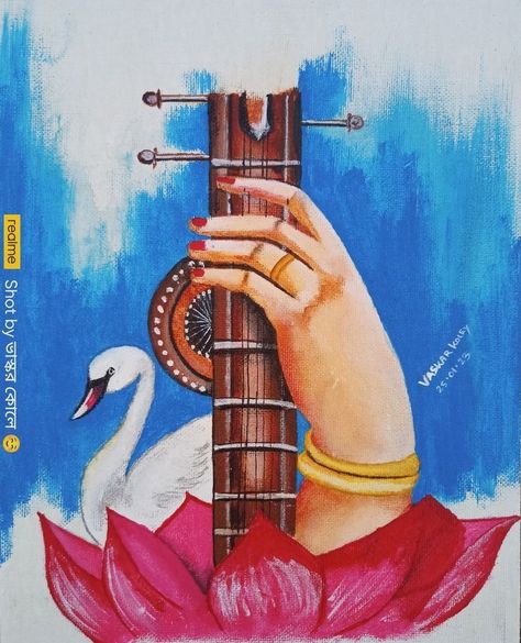 Saraswati Modern Art, Sarswati Maa Sketch, Saraswati Painting Art Sketch, Maa Saraswati Drawing Sketch, Sarswati Maa Paintings, Sarswati Maa Drawings, Saraswati Puja Drawing, Maa Saraswati Painting, Goddess Saraswati Painting