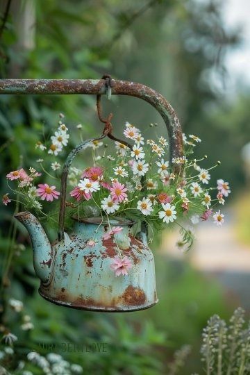 Upcycled Garden Beds, Gardening With Pots, Upcycled Garden Ideas, Garden Upcycle Ideas, Art In Garden, Junk Garden Ideas, Garden Decorations Diy, Country Garden Ideas, Vintage Garden Ideas