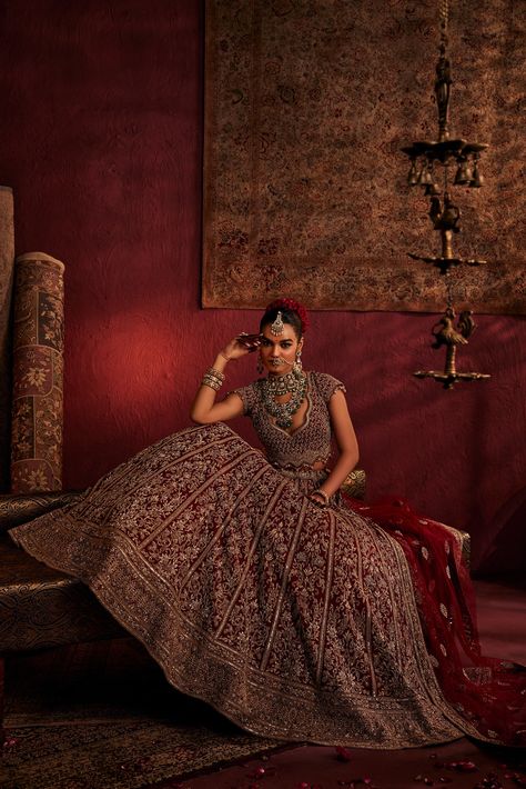 Styling&Creative Direction for Cheddha Jewels :: Behance Lehenga Shoot, Maroon Velvet Lehenga, Velvet Lehenga Choli, Net Veil, Jewellery Shoot, Velvet Lehenga, Jewellery Photography Inspiration, Jewelry Photography Styling, Bridal Elegance