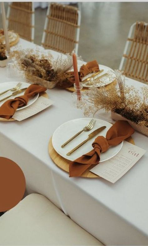 Rusting Wedding, Burnt Orange Weddings, Tafel Decor, Wedding Place Settings, Cream Wedding, Table Set Up, Orange Wedding, Wedding Table Settings, Wedding Mood Board