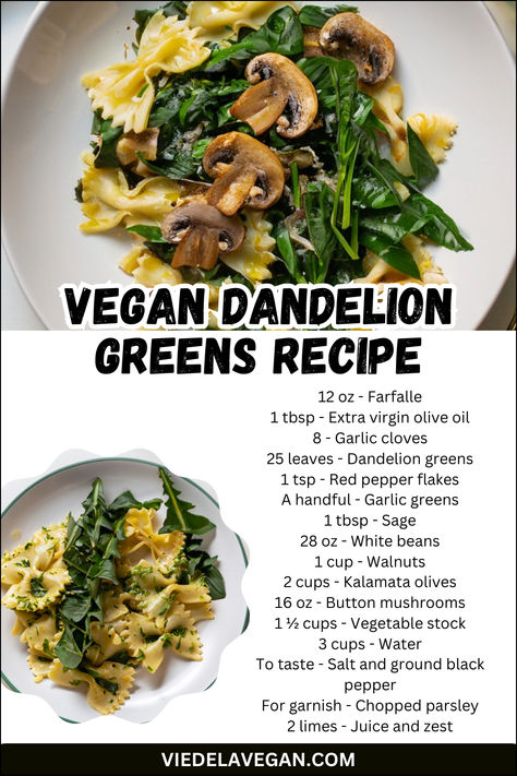 Vegan Dandelion Greens Recipe Dandelion Soup Recipes, Dandelion Recipes Greens, Dandelions Recipe, Dandelion Greens Recipe, Dandelion Greens Recipes, Green Pasta Recipe, Leafy Greens Recipes, Greens Recipes, Recipe For Lunch