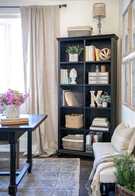 Black Office Furniture, Sanctuary Home Decor, Sanctuary Home, Home Office Makeover, Black Bookcase, Cozy Home Office, My Home Office, Budget Ideas, Office Guest Room