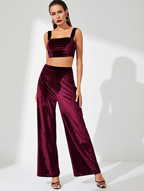 Thick Strap Velvet Crop Top & Palazzo Pants Co-Ord -SheIn(Sheinside) #velvet #ootd #outfit #style #outfitoftheday Velvet Top And Pants, Velvet Crop Top Outfit, Velvet Two Piece Outfit, Velvet Top Designs, Crop Top Palazzo, Velvet One Piece, Tartan Plaid Dress, Black Velvet Top, Coord Sets