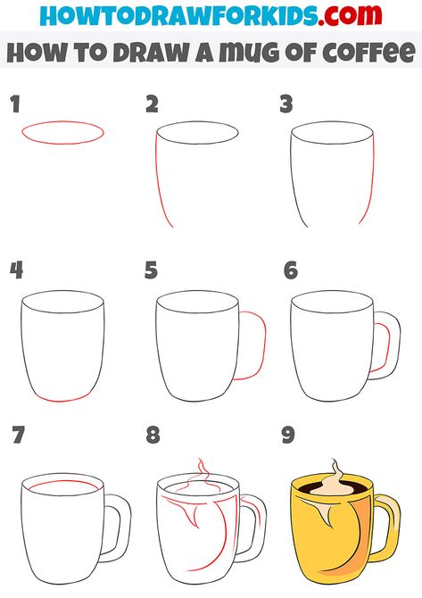 How To Draw A Mug Step By Step, Draw Coffee Mug, How To Draw A Coffee Cup Step By Step, Mug Drawing Reference, How To Draw A Cup Of Coffee, Coffee Mug Drawing Simple, Coffee Drawing Simple, How To Draw Drinks, How To Draw A Cup