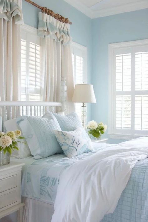 Baby Blue Bedrooms, Beautiful Bedroom Colors, Blue Bedroom Ideas, Beach House Bedroom, Beach House Living Room, Coastal Bedroom Decorating, Bedroom Wall Colors, Trends For 2024, Beautiful Bedroom