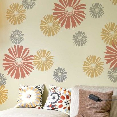 Floral Stencils: Flower stencils for wall painting, floral patterns for walls and furniture Expensive Wallpaper, Daisy Wall Art, Daisy Wall, Stencil Wall Art, Happy Daisy, Floral Stencil, Wallpaper Stencil, Leaf Stencil, Large Stencils